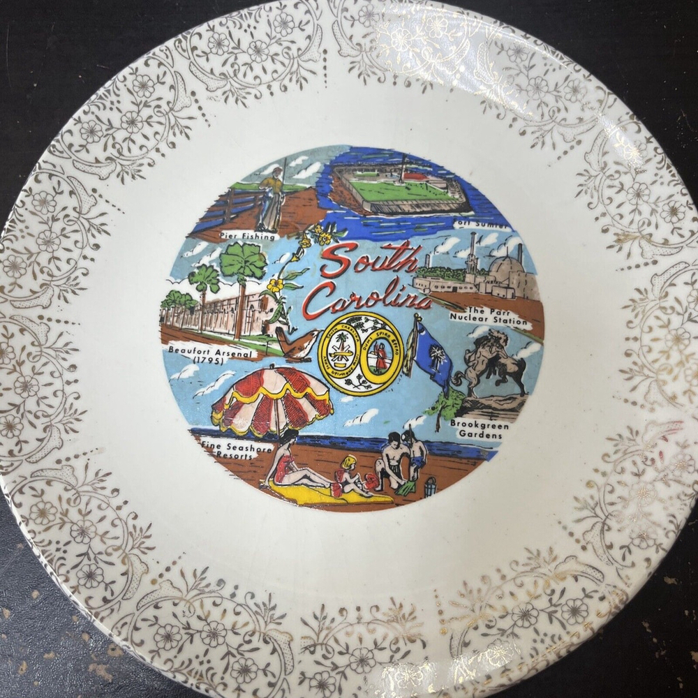 South Carolina Vtg Travel Souvenir State Plate 1960s Transferware Gold Detail 9"